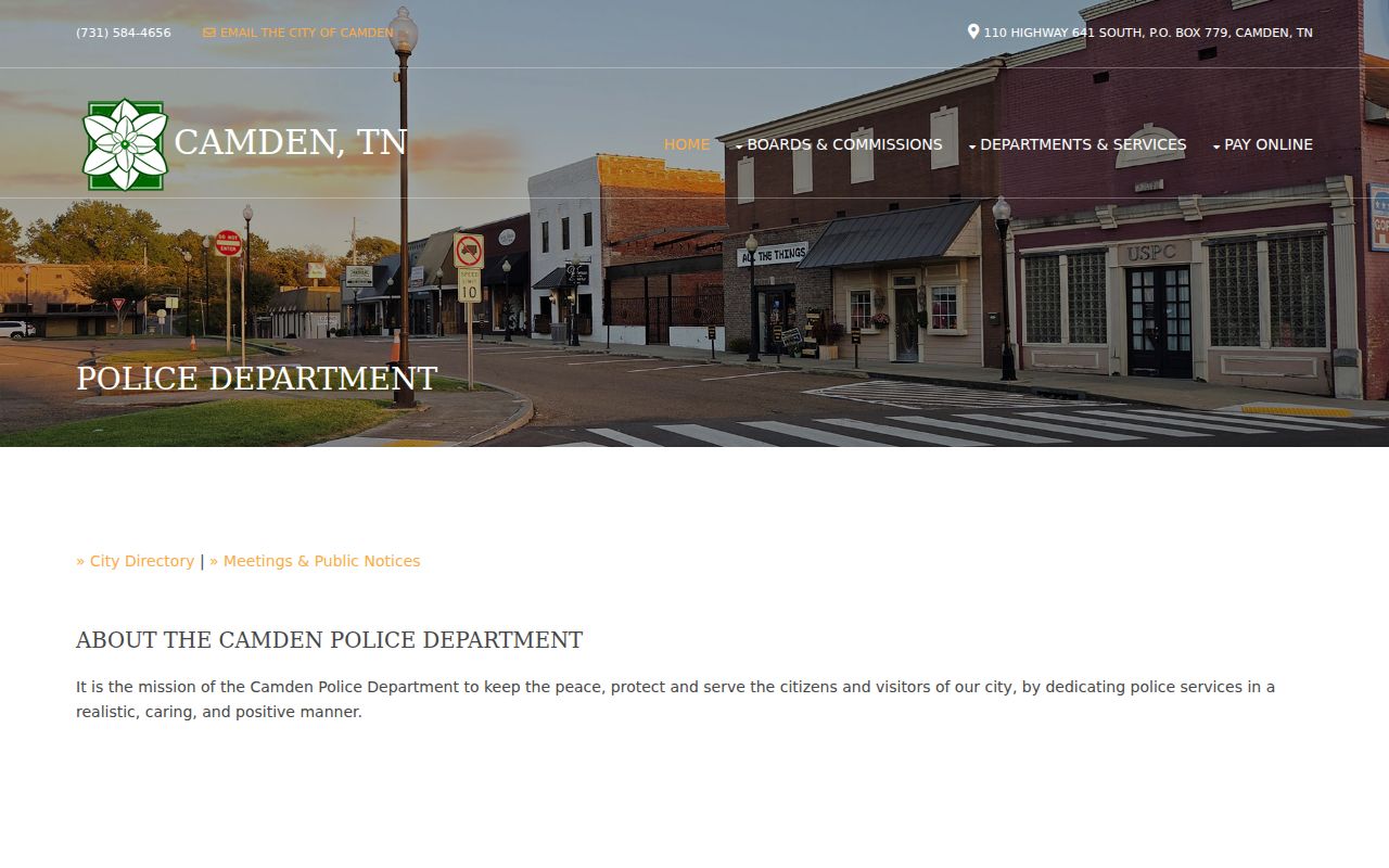 Camden Police Department page, which has no public warrant lookup