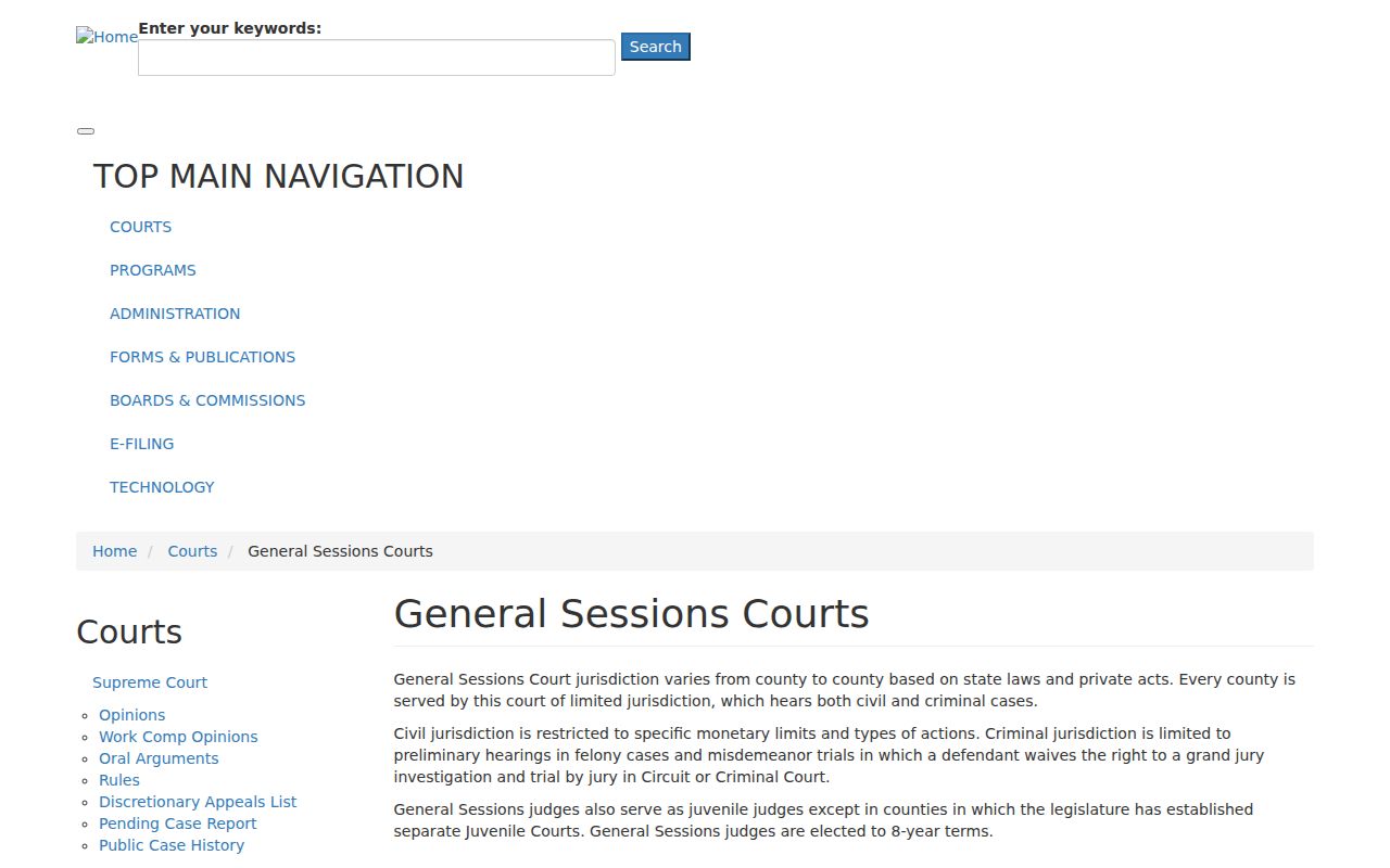 Tennessee General Sessions Court information on lower-court jurisdiction