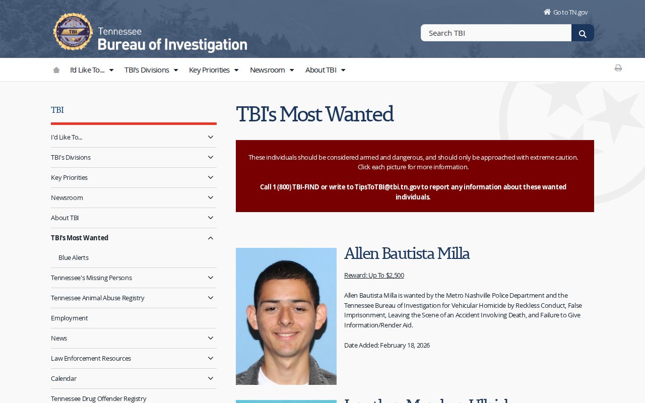 TBI Most Wanted program header without a named person's profile