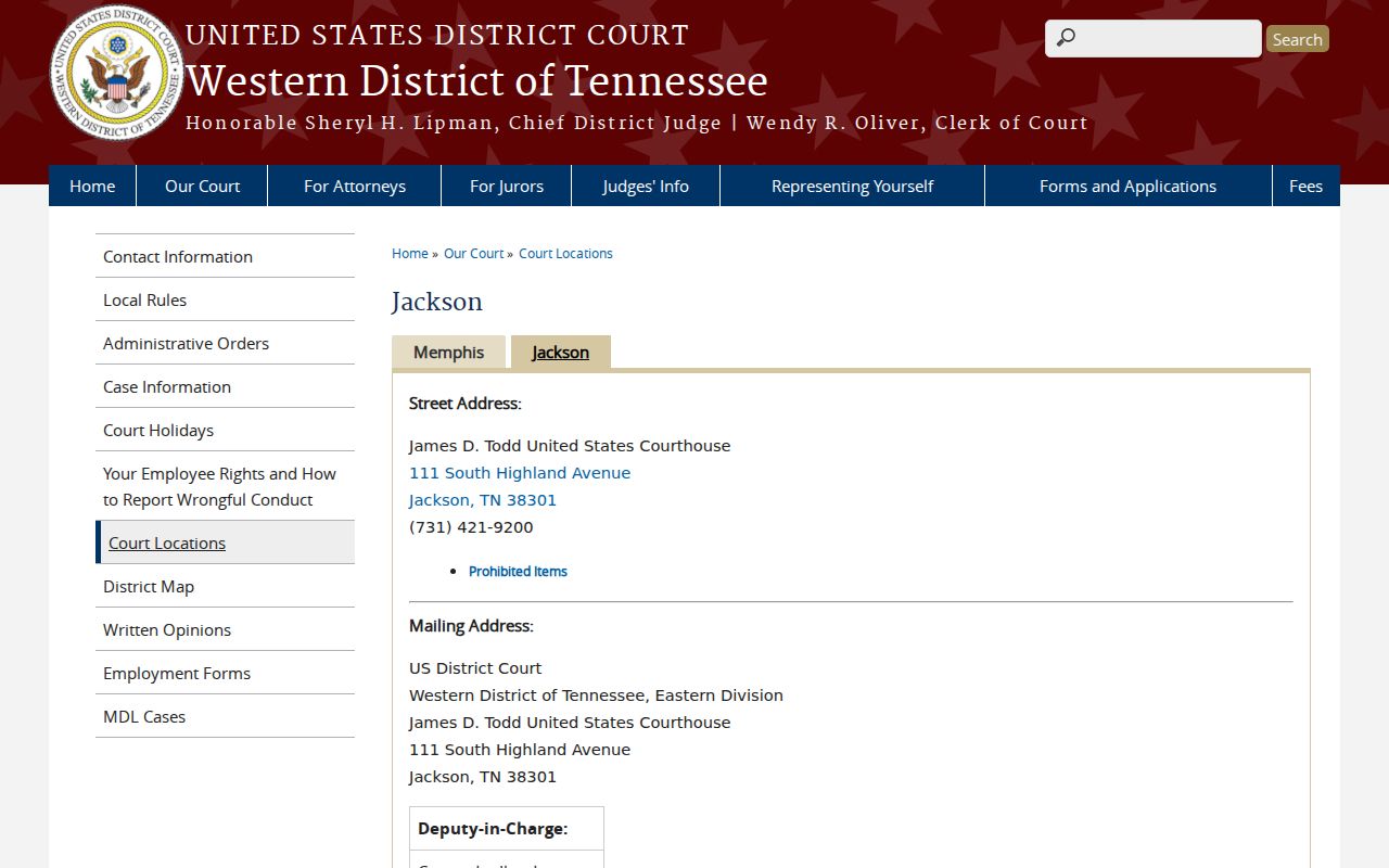 Federal courthouse location page for the Jackson division in Western Tennessee