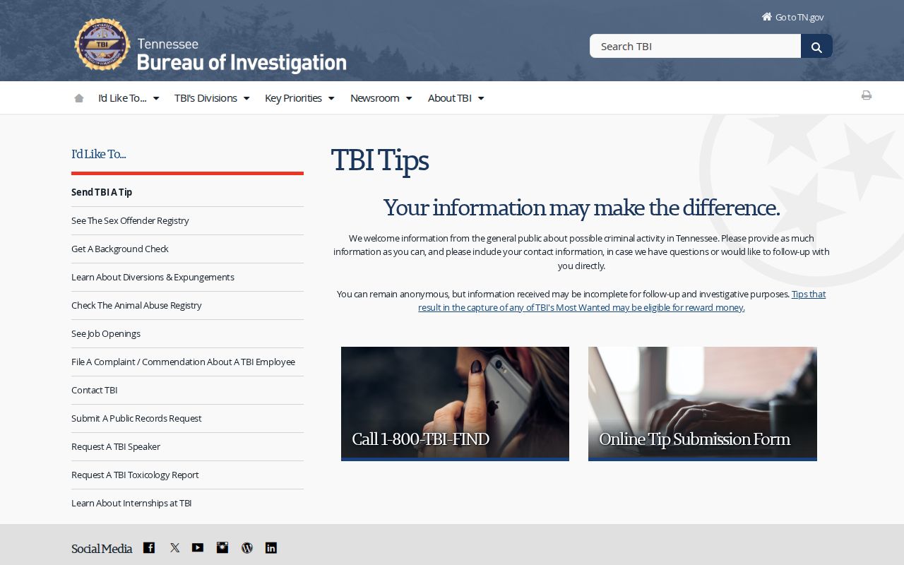 TBI official online and anonymous tip options