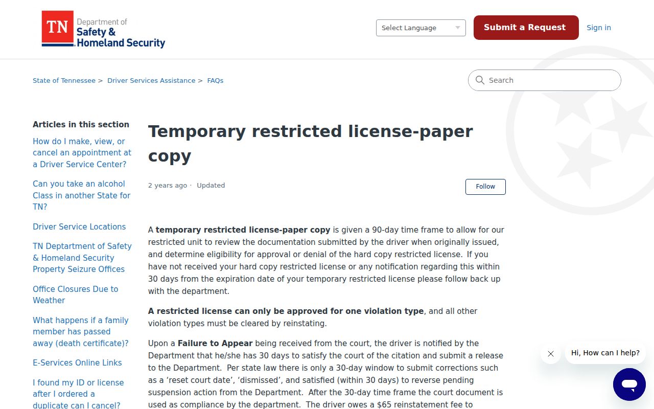 Tennessee Department of Safety instructions for traffic FTA compliance